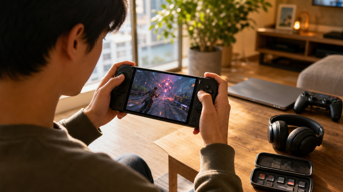 Pessoa jogando videogame portátil em ambiente doméstico com mesa e acessórios ao fundo.