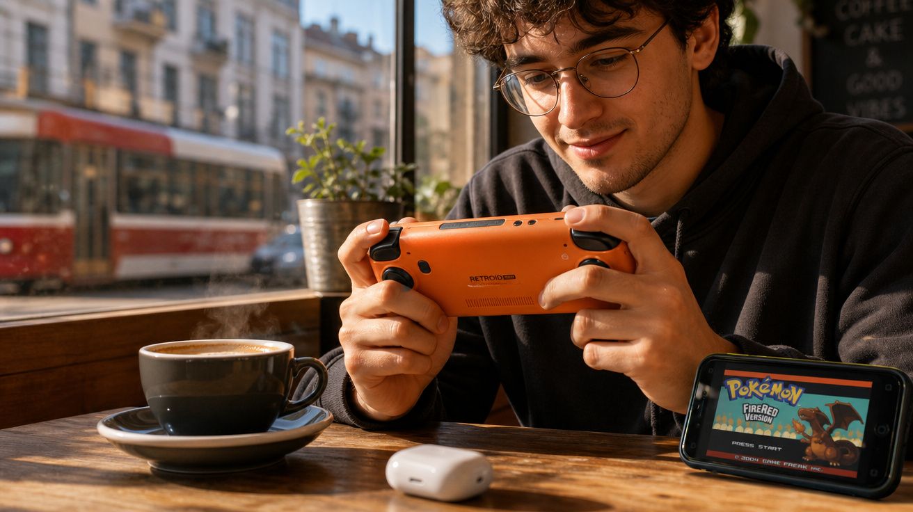 Jovem com óculos joga videogame portátil laranja em cafeteria com café e telefone exibindo Pokémon FireRed.