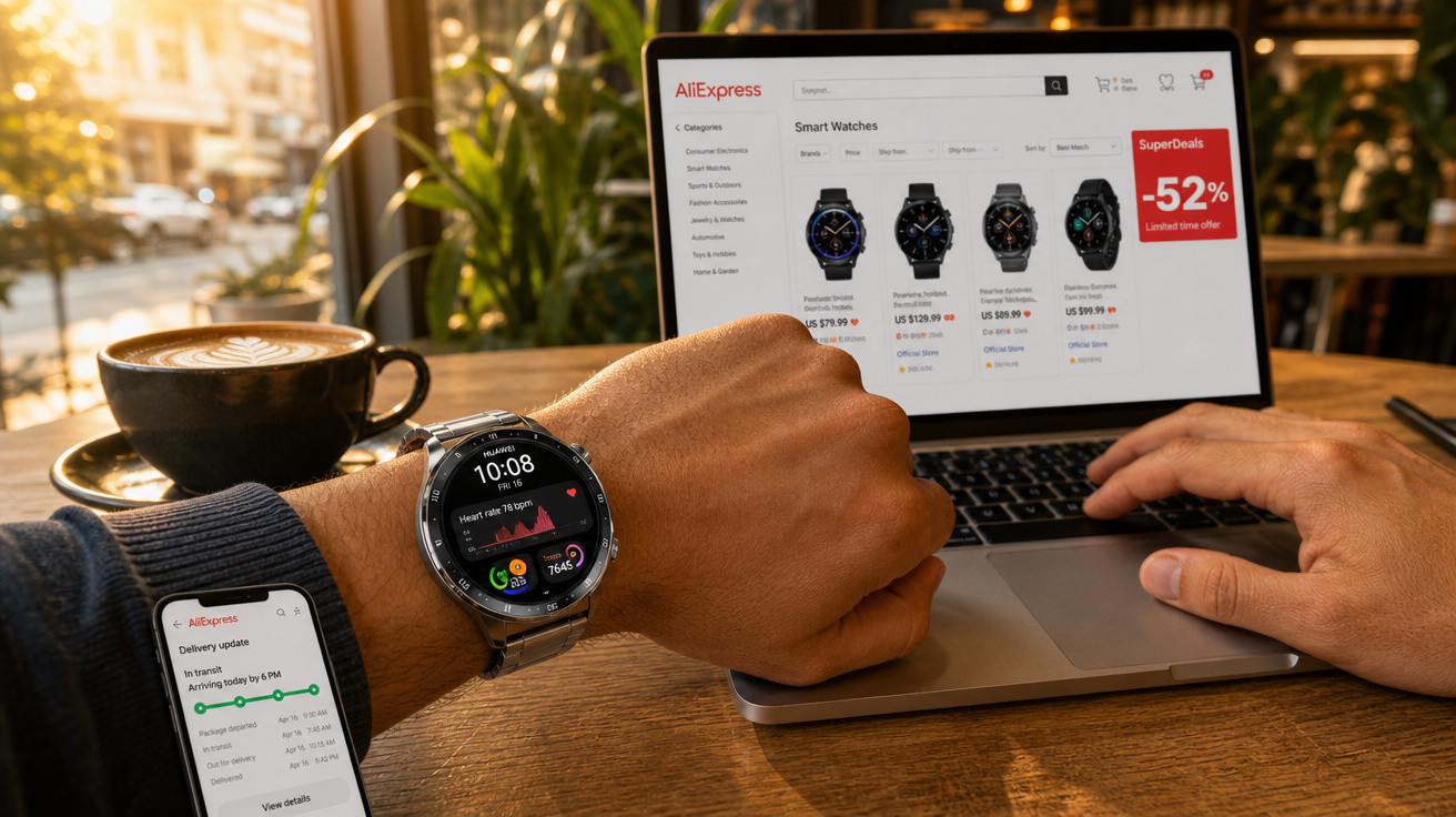 Pessoa usando relógio smartwatch e fazendo compras online de smartwatches no laptop, com celular e café na mesa.