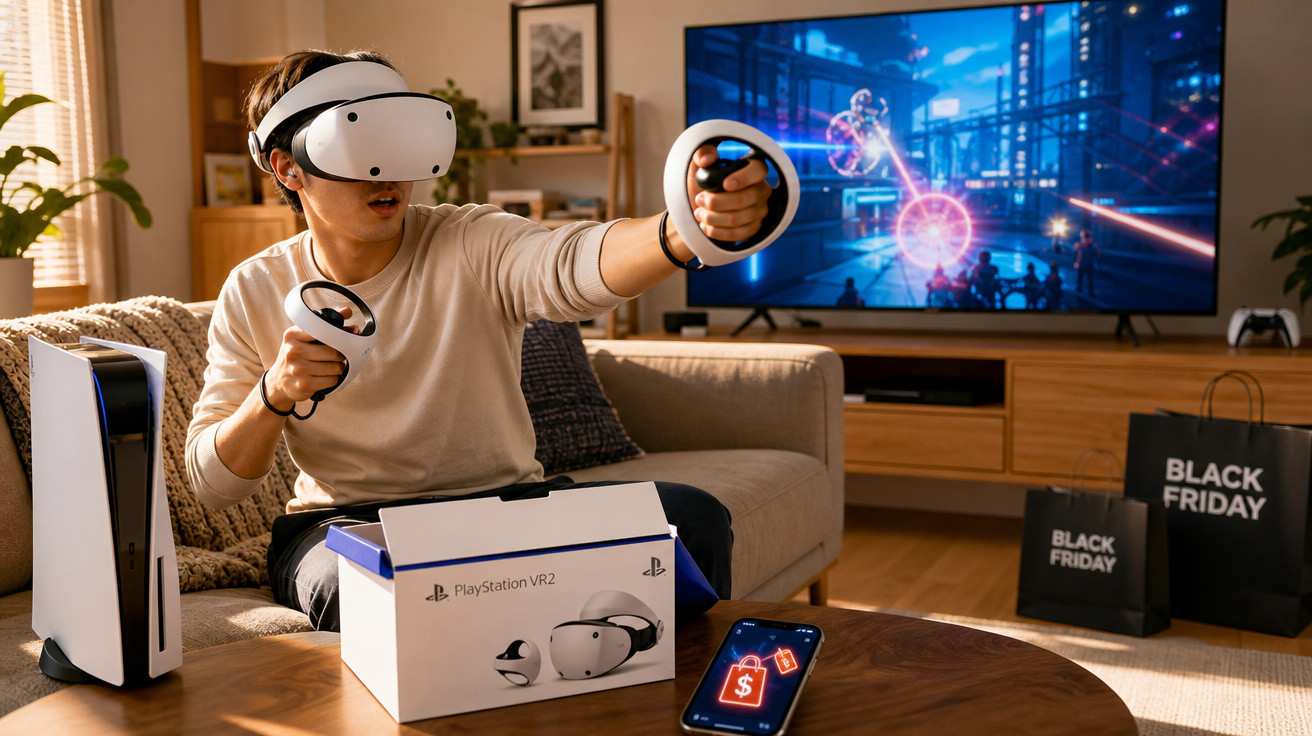 Homem usando óculos e controles VR PlayStation 2 com jogo na TV e ofertas Black Friday ao fundo.