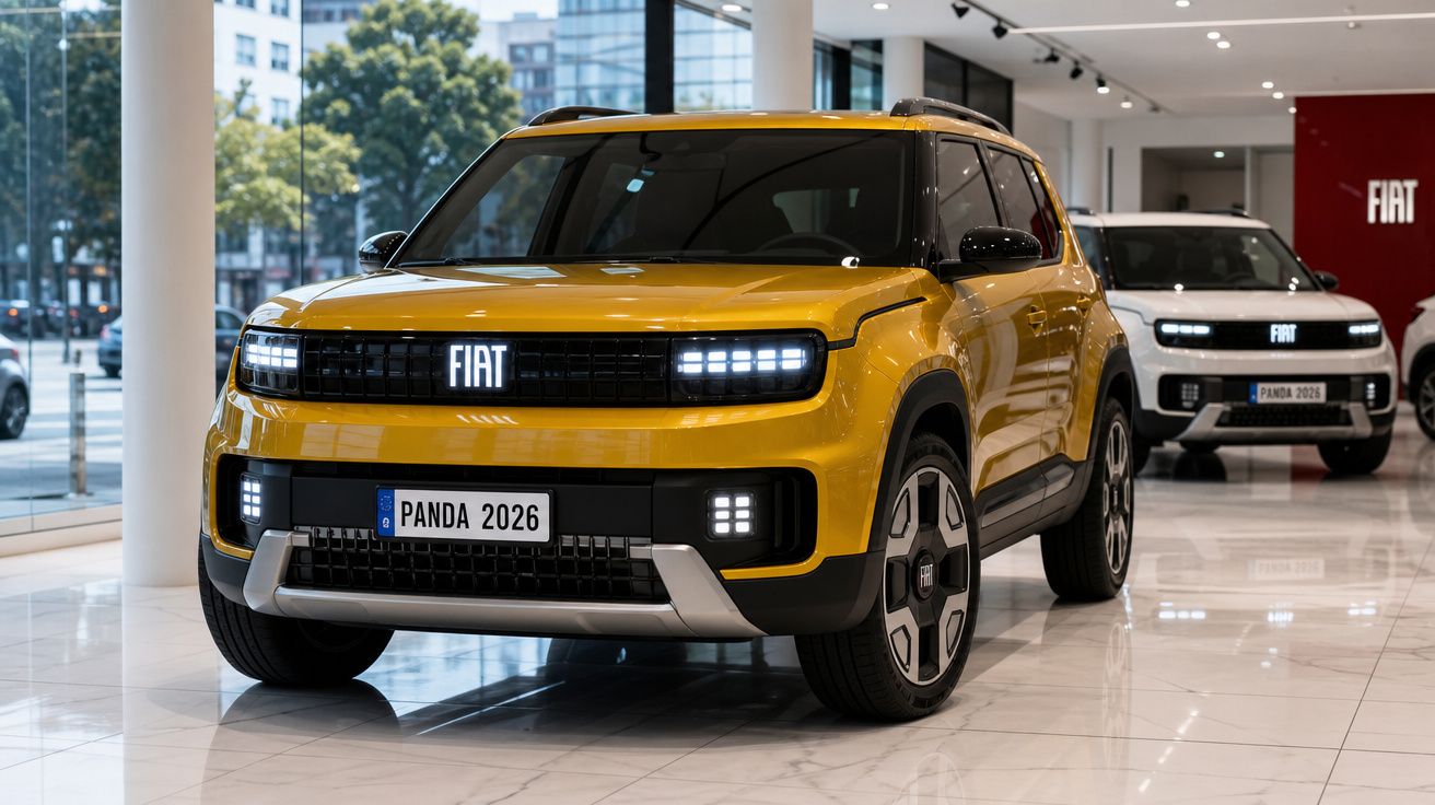 Carro Fiat Panda 2026 amarelo exposto em show room com outro carro branco ao fundo.