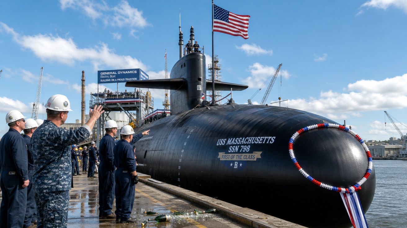 Submarino USS Massachusetts SSN 798 atracado com tripulação e bandeira dos EUA em estaleiro naval.