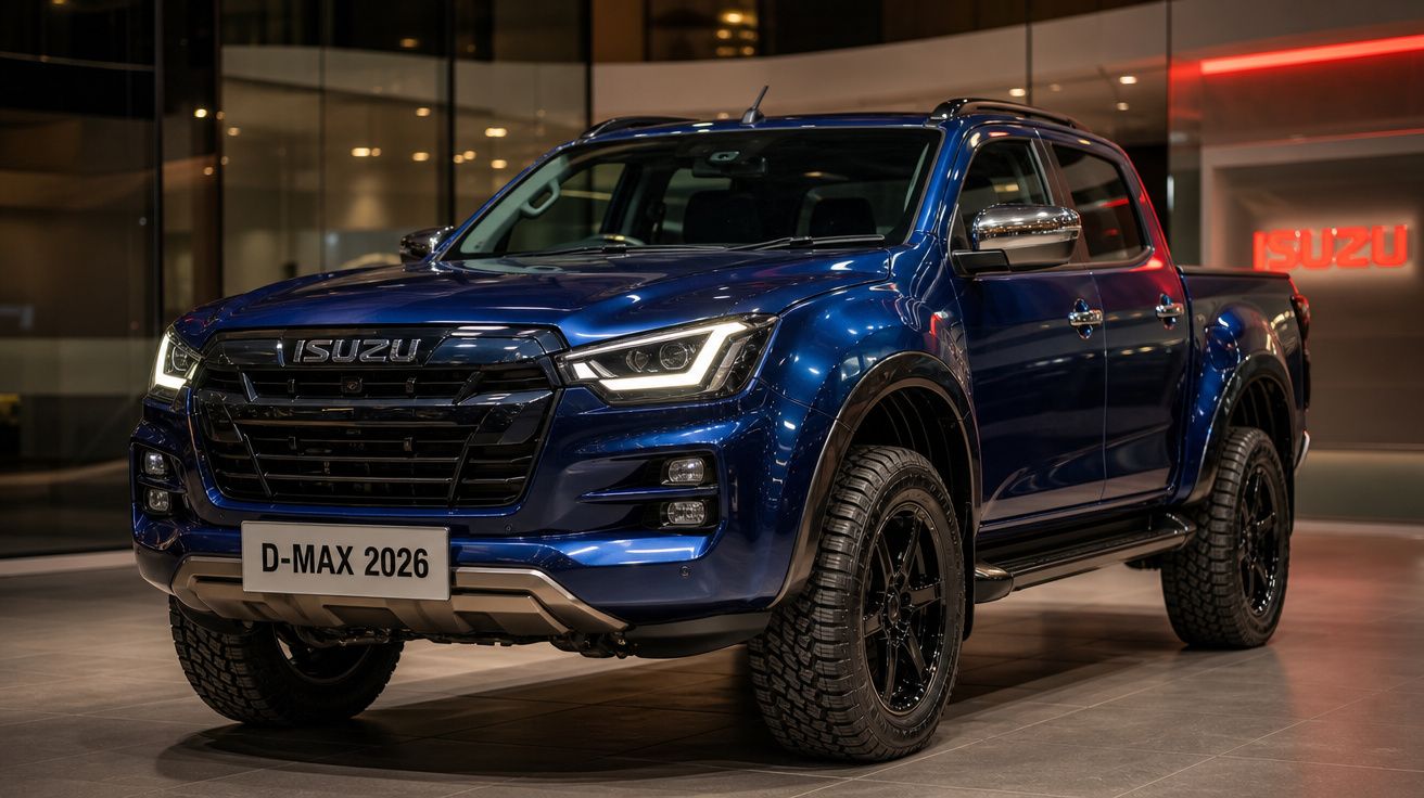 Picape Isuzu D-Max 2026 azul escura em exibição em showroom moderno à noite.