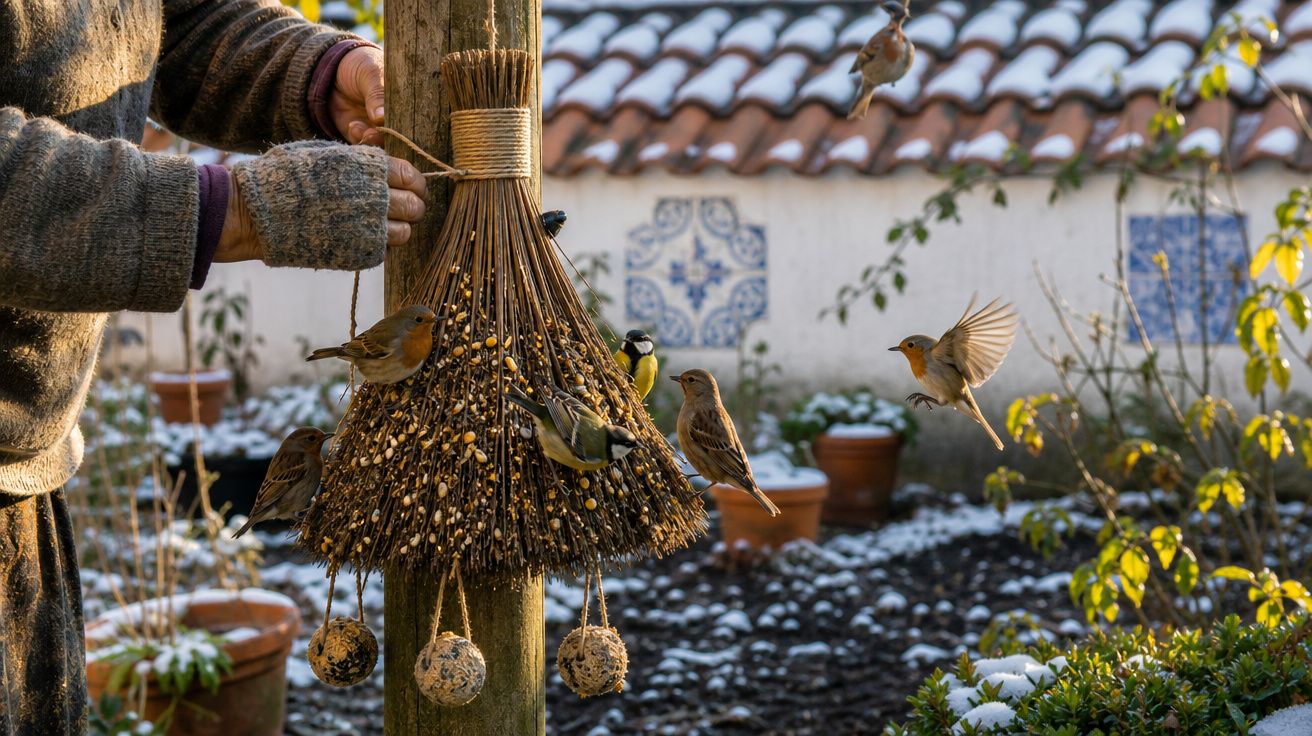 Pessoa alimenta pássaros em casinha de sementes pendurada em poste no jardim com calçada e vasos ao fundo.