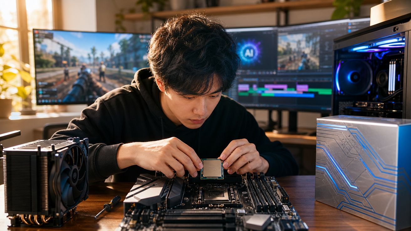 Homem montando computador, instalando processador na placa-mãe, com monitores e peças ao fundo.