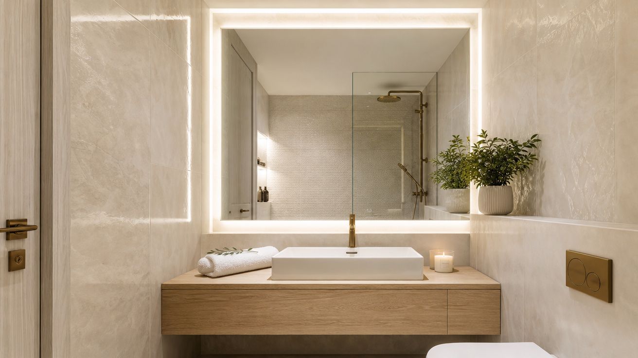 Banheiro moderno com pia retangular, espelho iluminado, plantas e detalhes dourados.