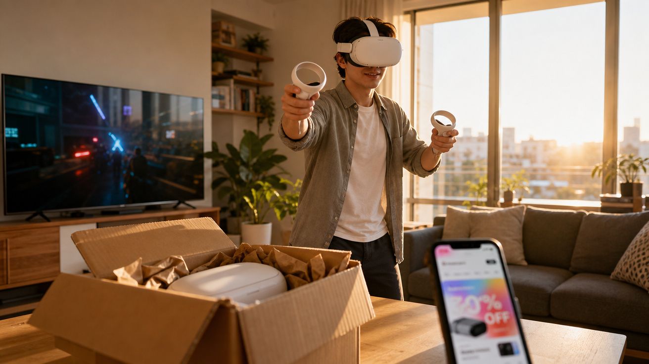 Jovem usando óculos e controles de realidade virtual em sala iluminada, com caixa aberta e celular na mesa.
