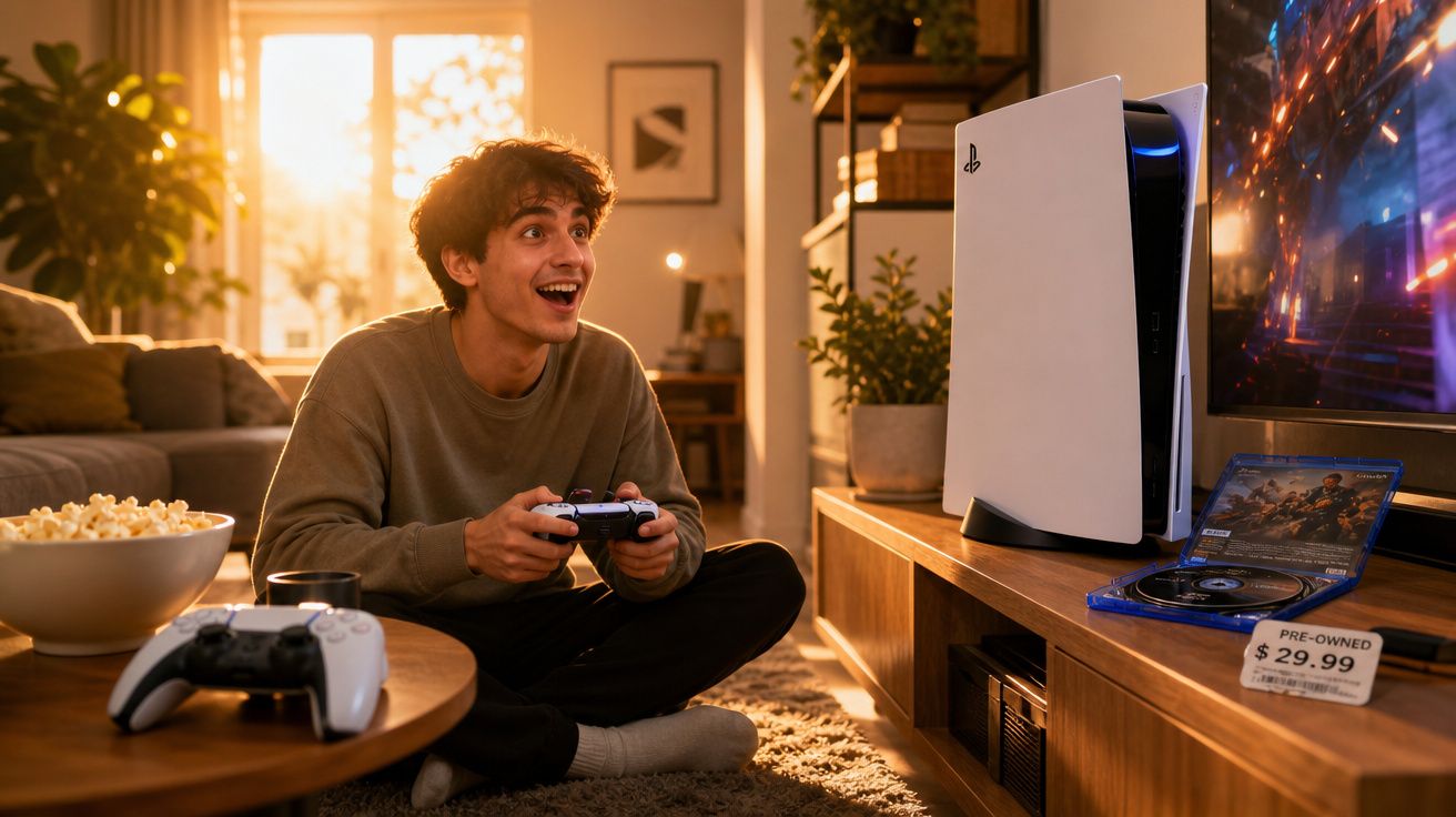 Jovem animado jogando videogame em console PlayStation 5 em sala iluminada ao entardecer.