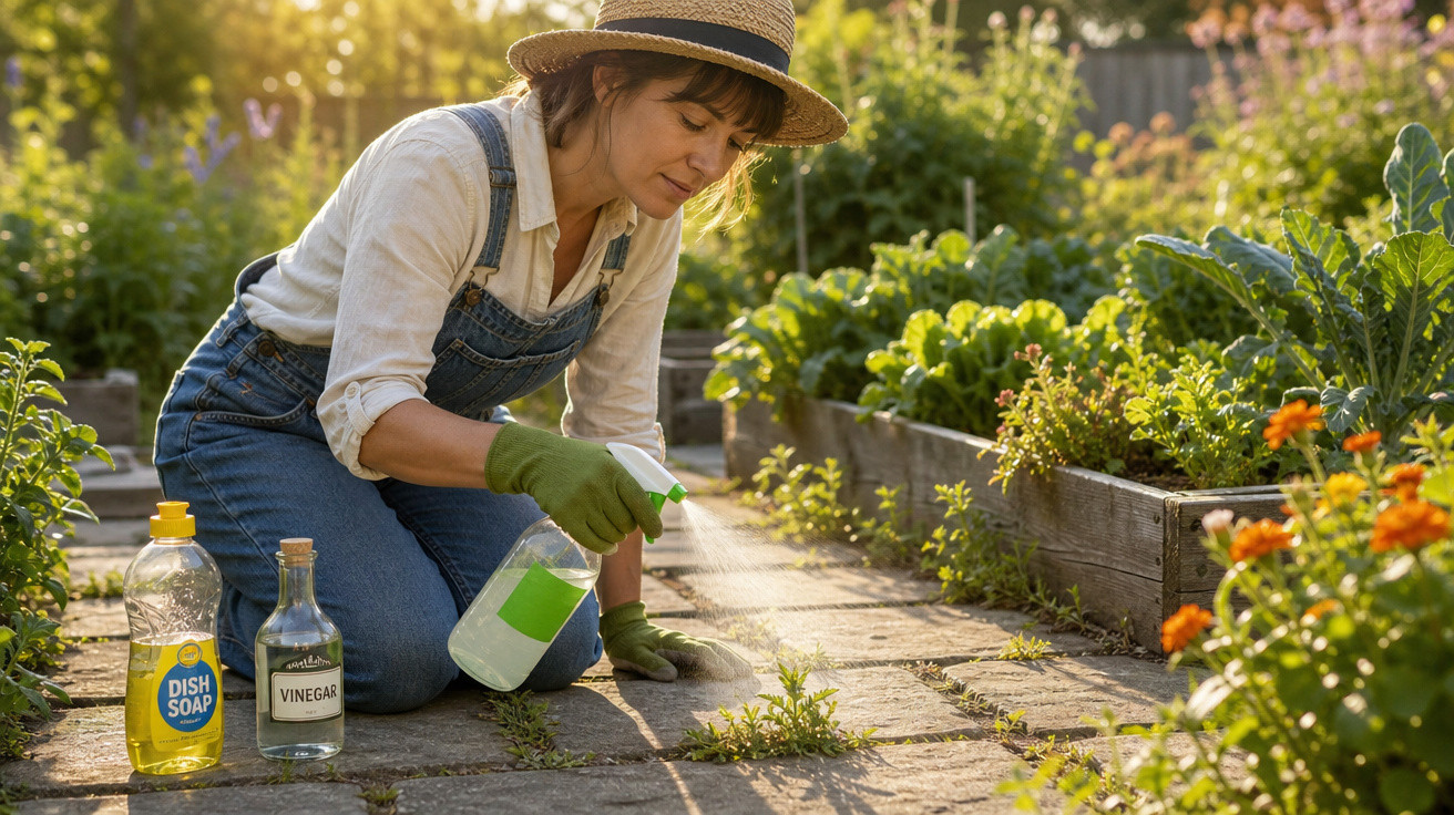 Mulher com chapéu e luvas regando plantas em jardim com spray e produtos naturais ao lado.