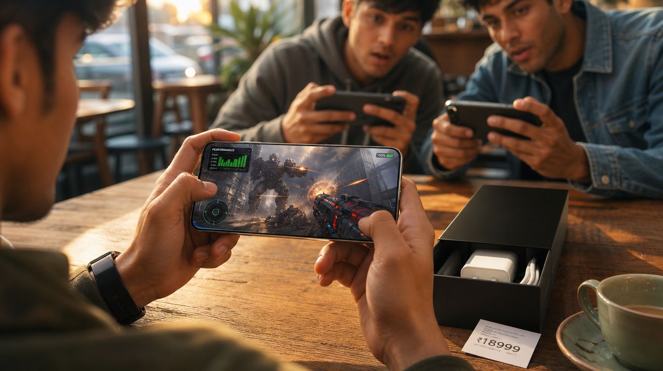 Três jovens jogando videogame em smartphones em mesa de madeira com café e caixa de celular aberta.