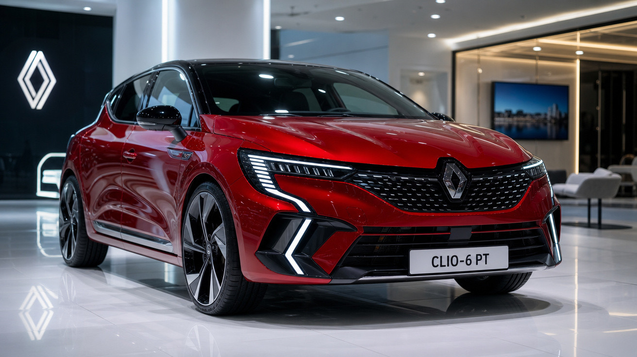 Carro vermelho Renault Clio-6 PT exposto em showroom moderno com iluminação branca.