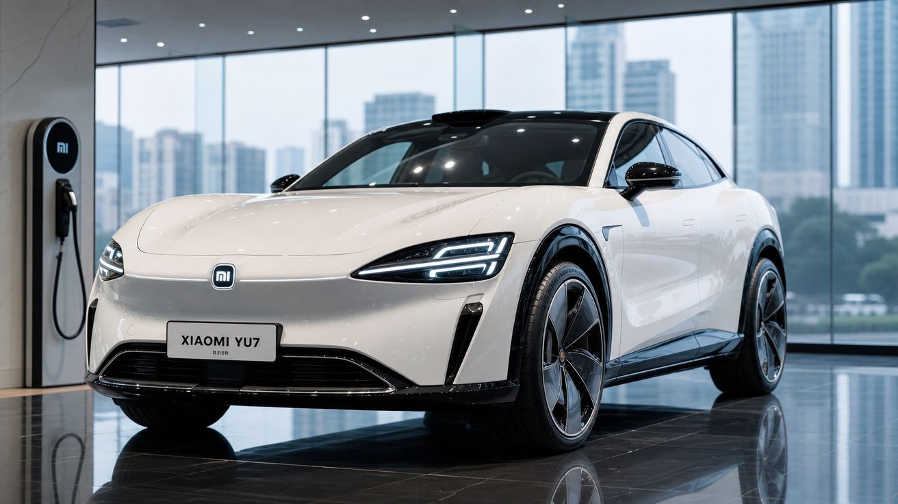 Carro elétrico branco Xiaomi YU7 em showroom moderno com vidros panorâmicos e estação de recarga ao lado.