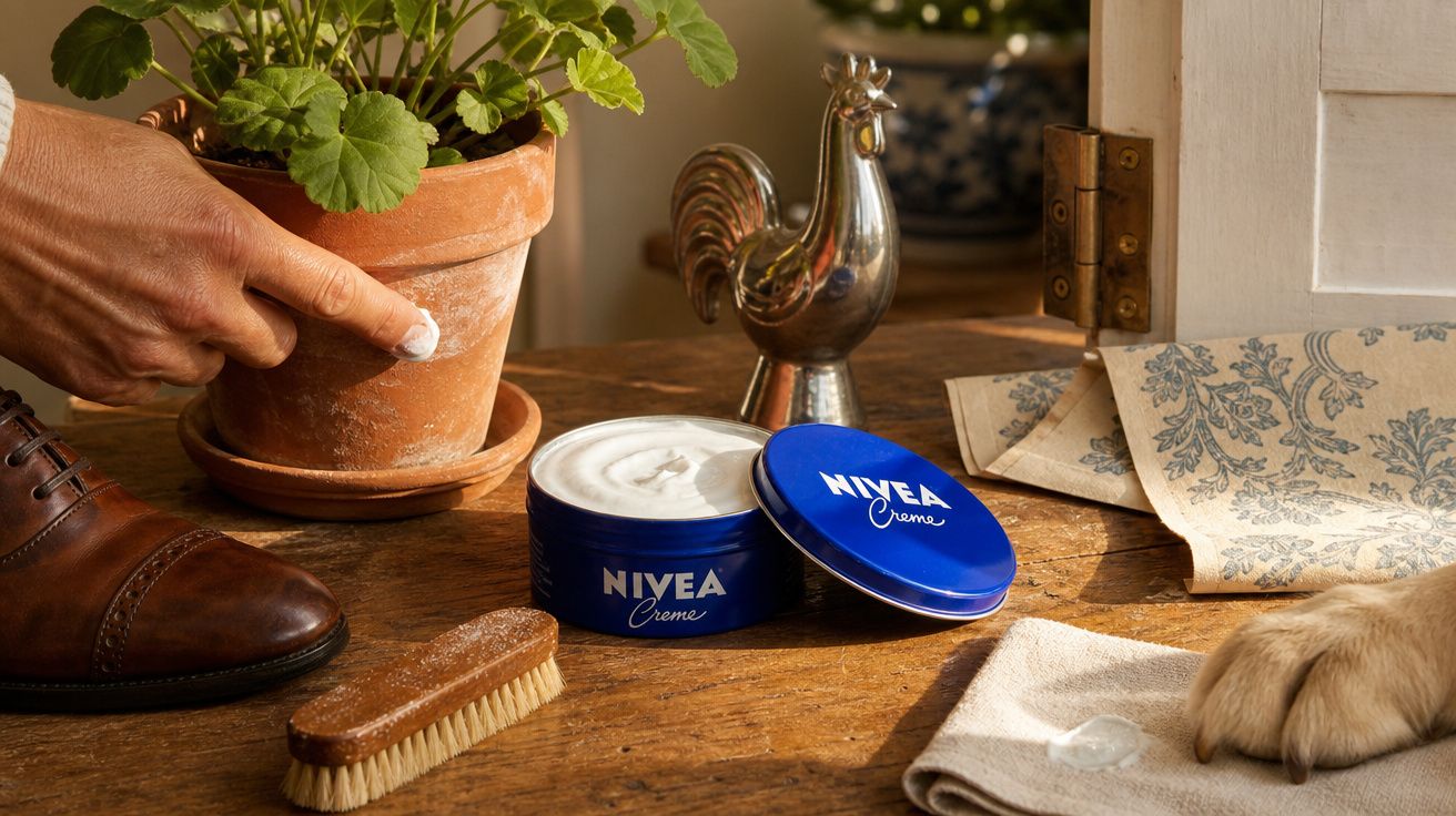 Mão aplicando creme Nivea em vaso de planta, creme aberto, escova, sapato e pata de cachorro sobre mesa de madeira.