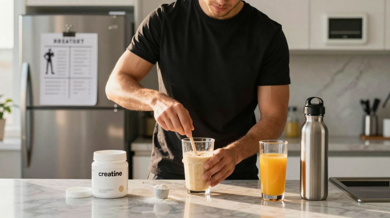 Homem mexendo suplemento de creatina em bebida na cozinha com copos de suco e garrafa térmica na mesa.