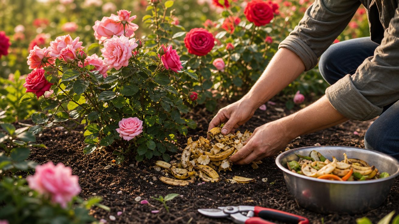 Pessoa espalhando cascas de frutas no solo próximo a rosas em um jardim ao ar livre.