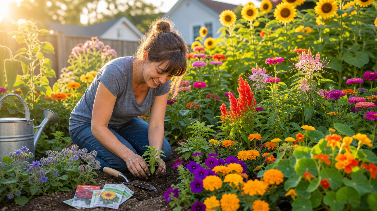 Mulher sorrindo plantando mudas em jardim colorido com flores e girassóis ao fundo.