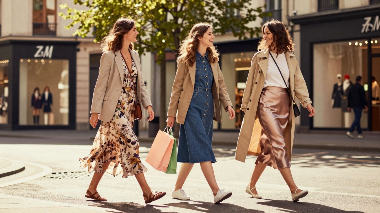 Três mulheres sorrindo caminhando na rua com roupas casuais e sacolas de compras em dia ensolarado.