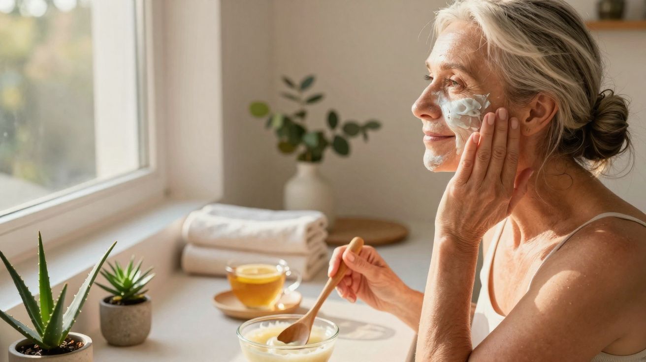 Mulher madura aplicando creme facial com colher de madeira em ambiente iluminado e plantas ao fundo.