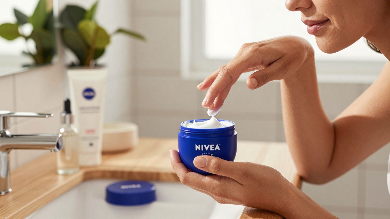 Pessoa aplicando creme Nivea Cica nas mãos em banheiro com pia de madeira e plantas ao fundo.