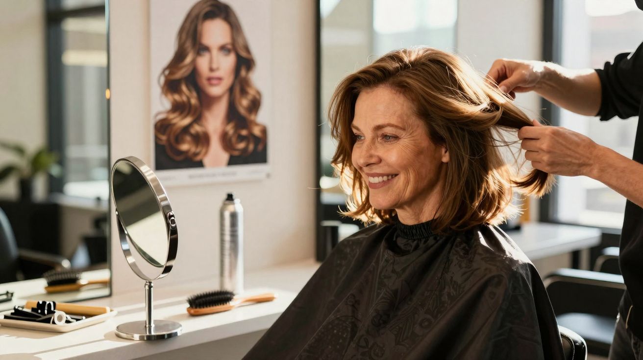 Mulher sorridente recebendo corte de cabelo em salão, sentada em frente ao espelho.