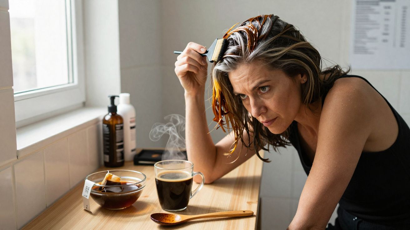 Mulher aplicando tinta no cabelo com pincel na cozinha, perto de xícara de café e chá.