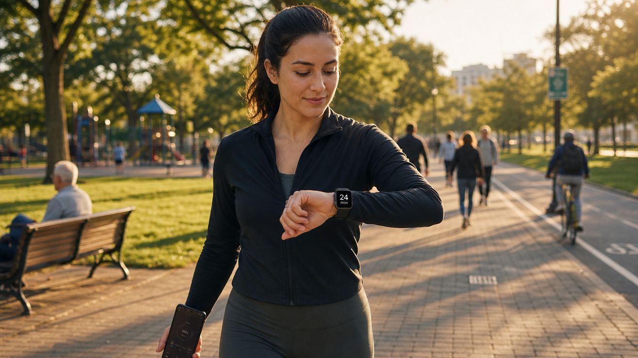 Mulher em roupa esportiva olhando relógio inteligente enquanto caminha em parque urbano ensolarado.