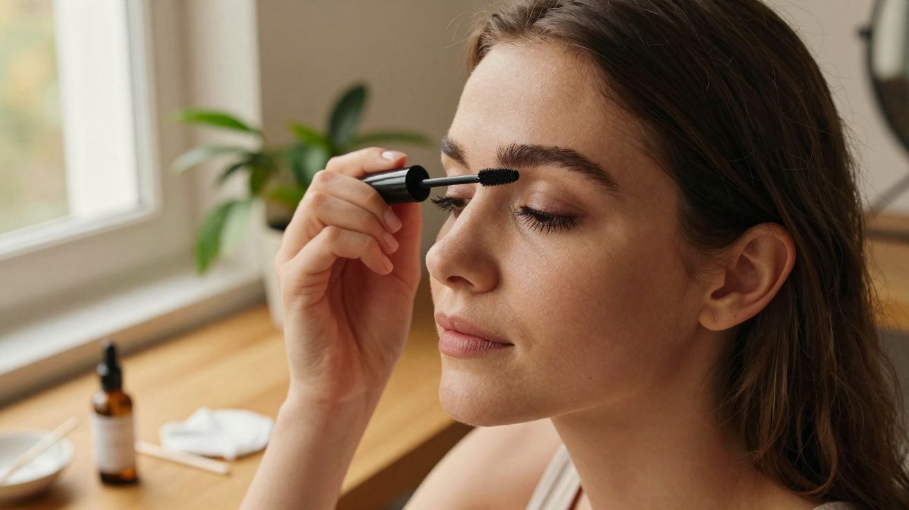 Mulher aplicando rímel nos cílios com olhos fechados em ambiente iluminado natural.