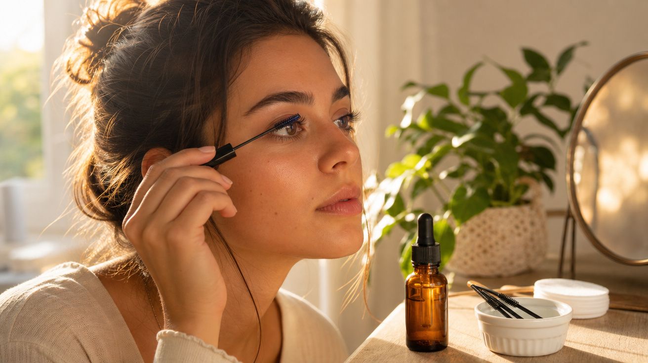 Mulher aplicando rímel nos cílios sentada em frente a uma mesa com produtos de beleza e planta ao fundo.