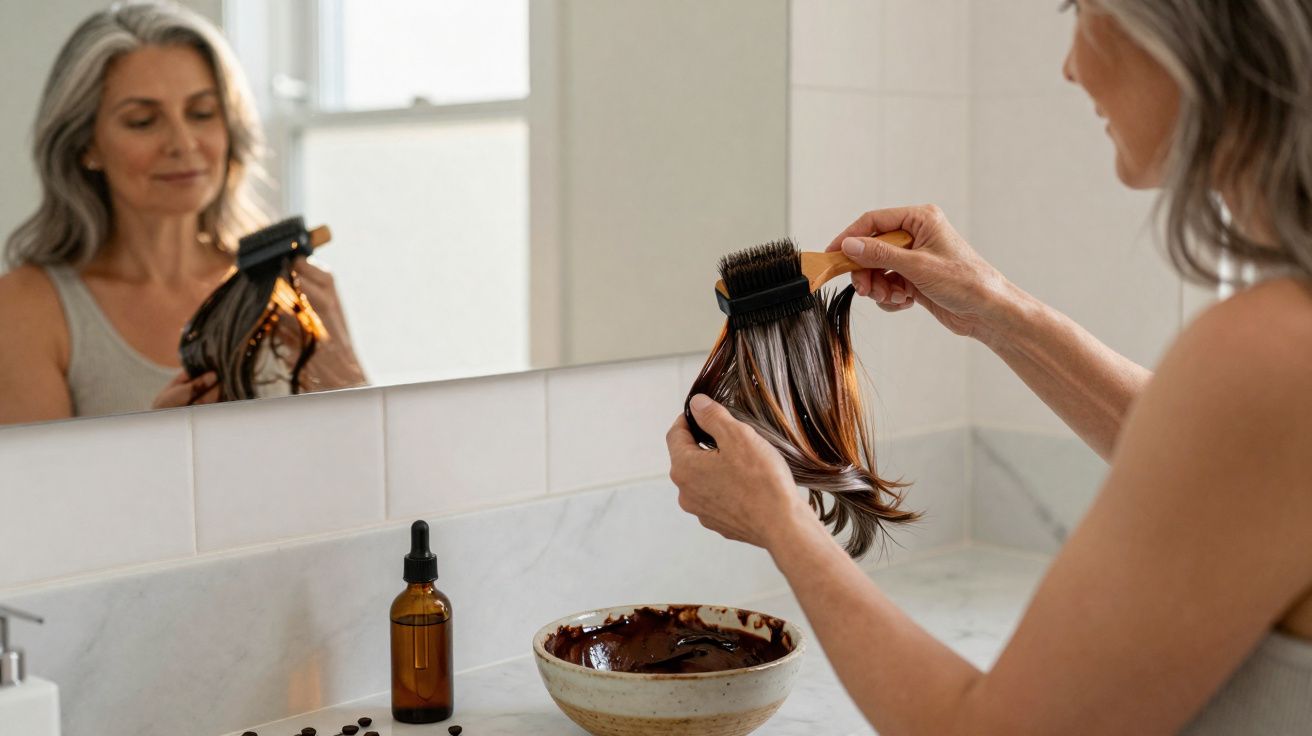 Mulher aplicando coloração de cabelo castanho com pincel em mecha, em frente ao espelho do banheiro.