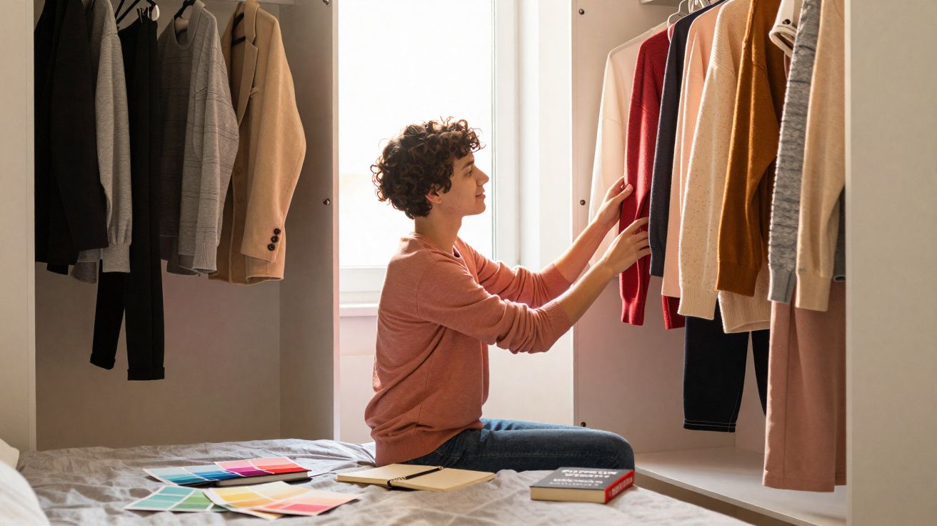 Pessoa sentada no chão organizando roupas penduradas em um closet com amostras de cores ao lado.