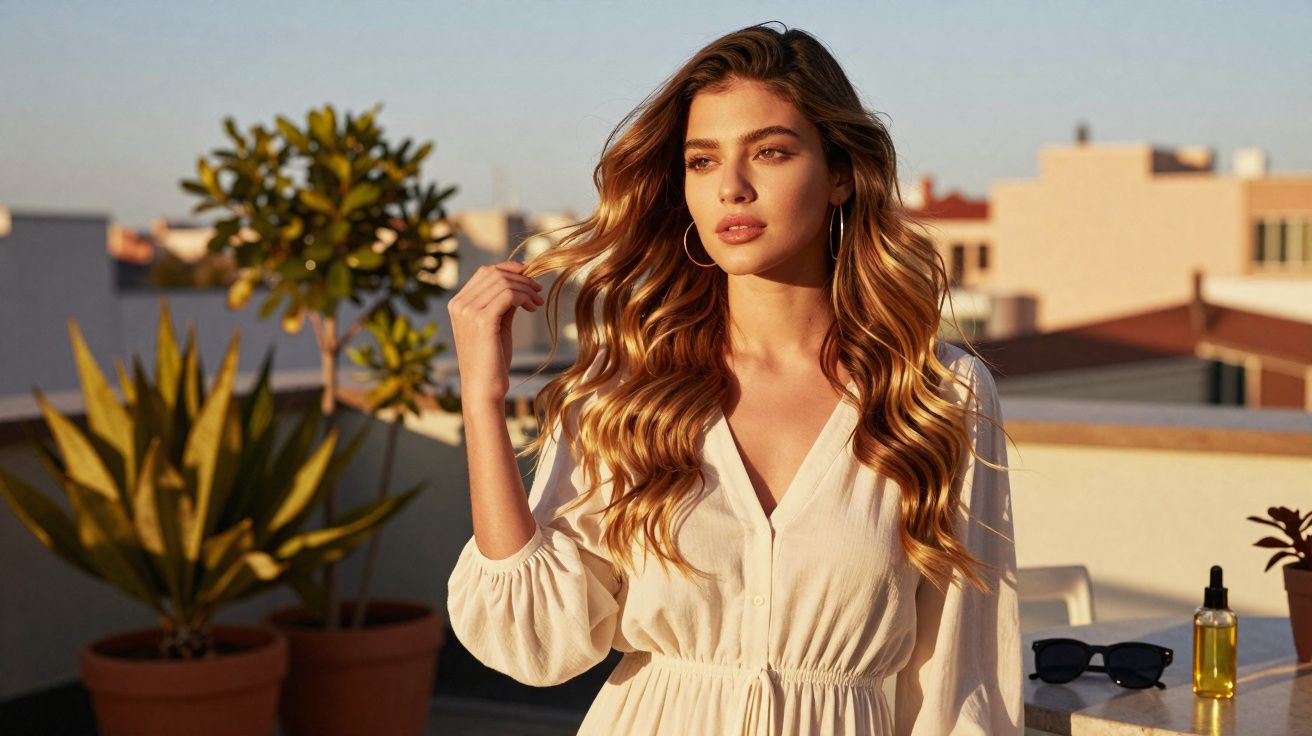 Jovem mulher com vestido branco posando ao ar livre, ao pôr do sol, ao lado de plantas em vasos e mesa.