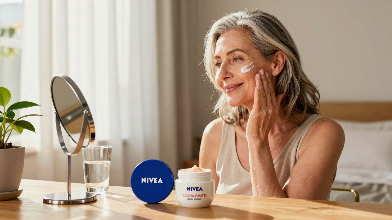 Mulher madura aplicando creme facial Nivea na pele, sentada à mesa com espelho e planta.