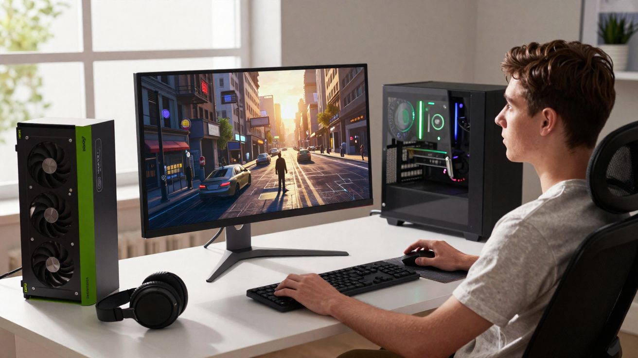 Jovem jogando videogame no computador com headset e placa de vídeo ao lado na mesa branca.