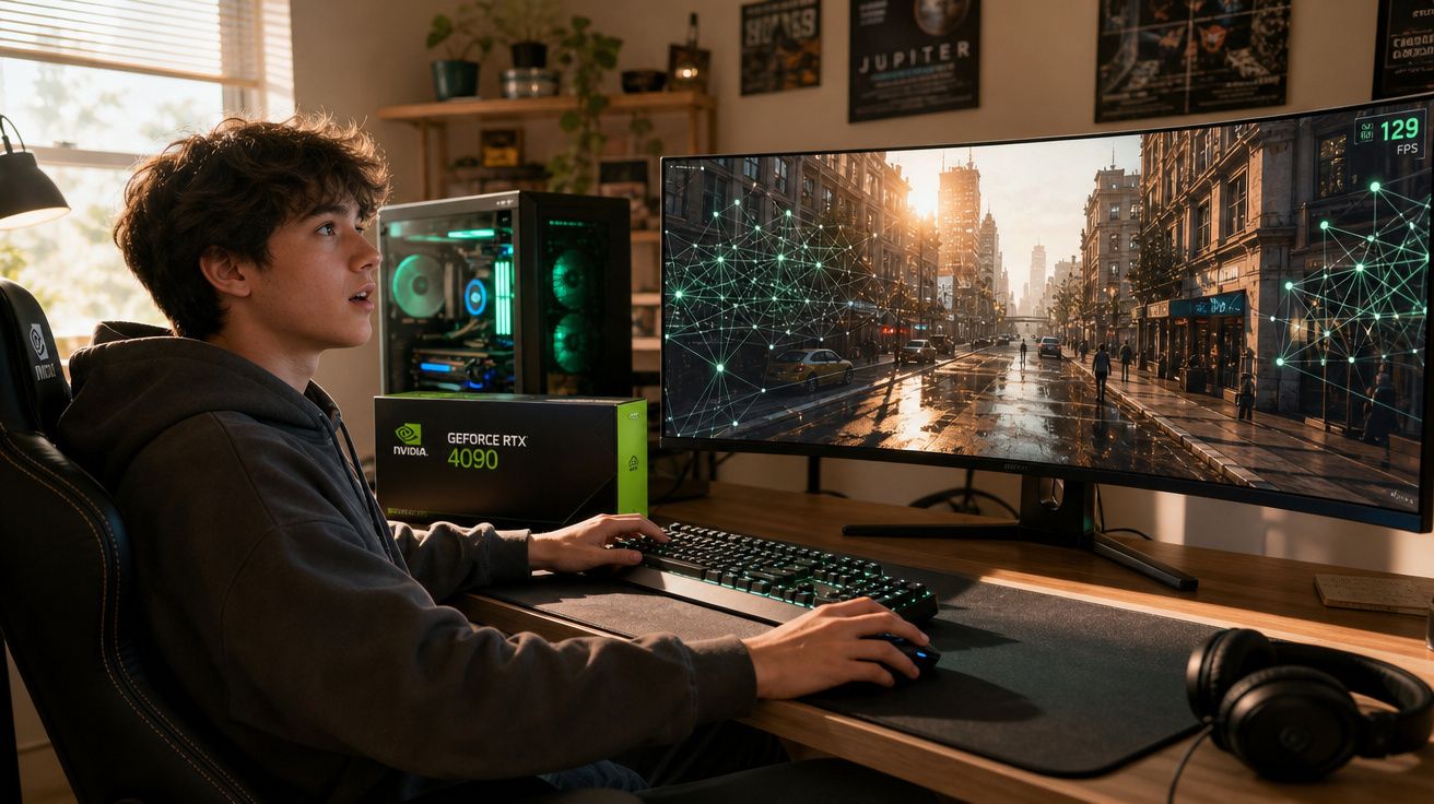 Jovem jogando em computador com placa GeForce RTX 4090 em monitor curvo ultrawide.
