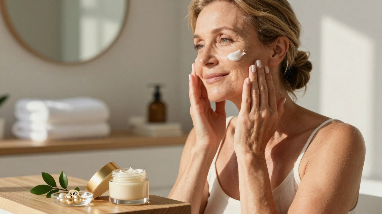 Mulher madura aplicando creme facial em ambiente claro com potes de cosmético sobre bancada de madeira.