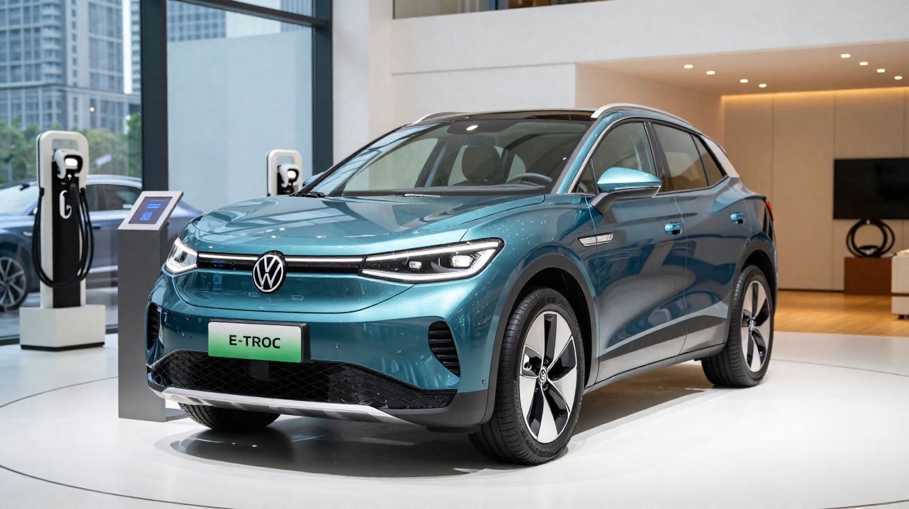 Carro elétrico Volkswagen E-TROC azul exibido em showroom com estação de carregamento ao fundo.