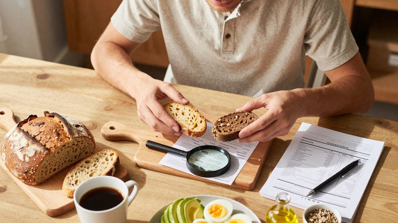 Pessoa analisando rótulos nutricionais de dois tipos de pães durante café da manhã com ovos, abacate e café.