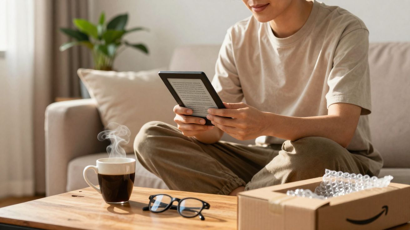 Pessoa sentada no sofá lendo em leitor digital, com café, óculos e caixa de entrega na mesa.