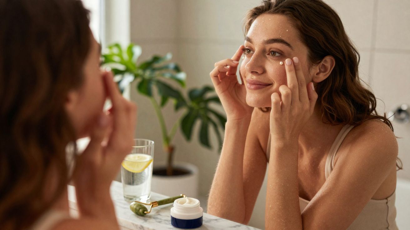 Mulher aplicando creme facial e olhando no espelho em banheiro com planta ao fundo.