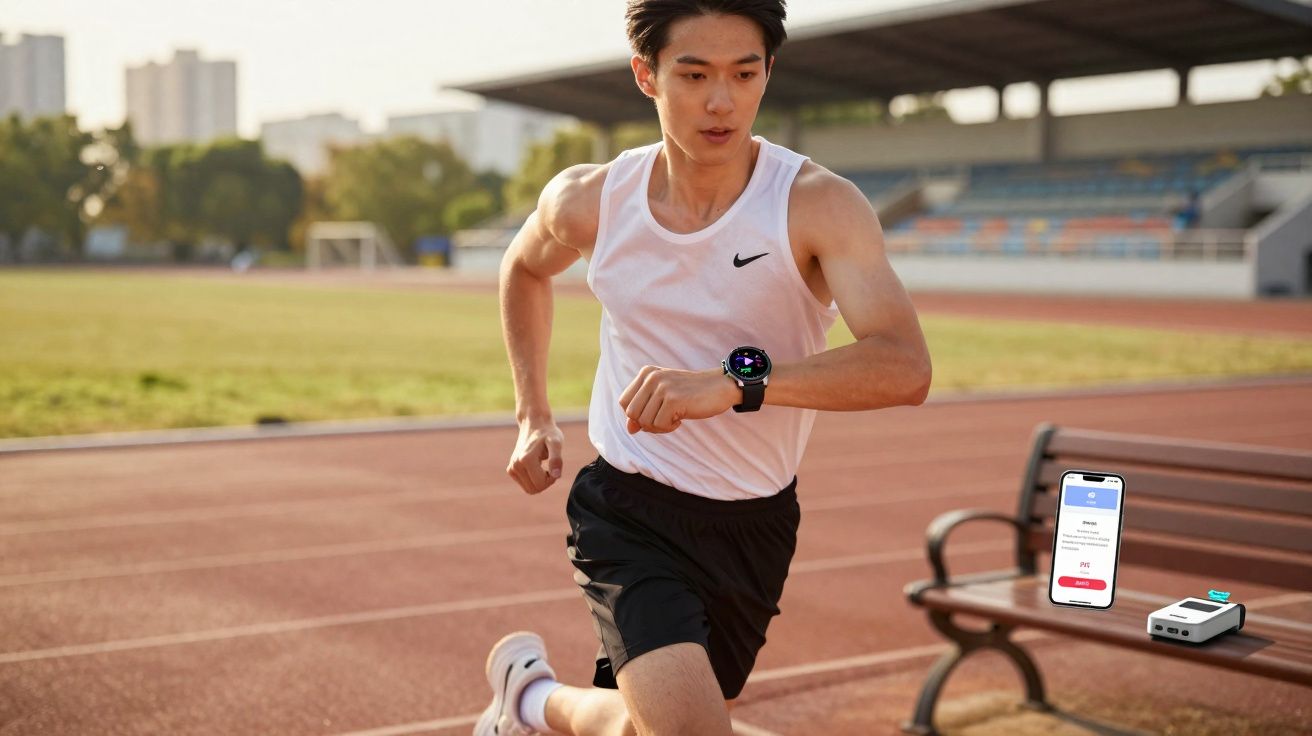 Homem correndo na pista de atletismo usando camiseta regata branca e relógio esportivo preto.
