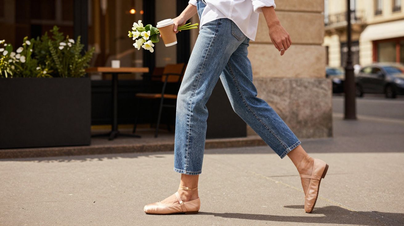 Pessoa caminhando na rua com flores brancas e café, usando calça jeans e sapatos rosas.