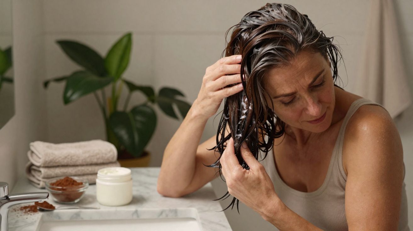Mulher aplicando máscara capilar no banheiro com toalhas dobradas e planta ao fundo.