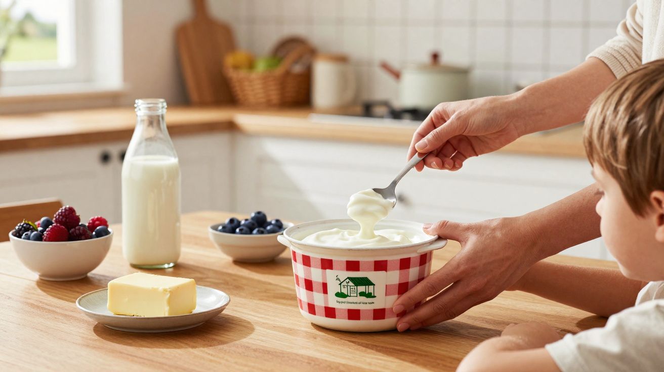 Pessoa servindo iogurte para criança em cozinha, com frutas, leite e manteiga na mesa de madeira.
