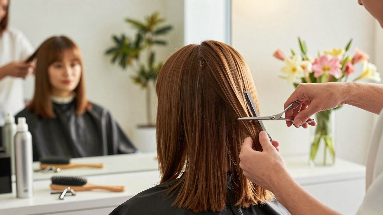Pessoa cortando cabelo castanho em salão moderno com flores e espelho ao fundo.