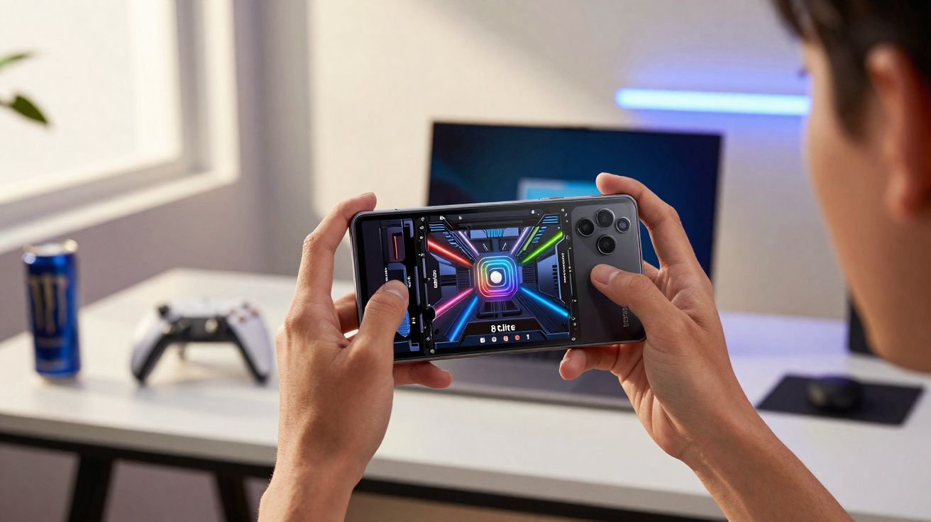 Pessoa jogando game futurista em smartphone com controle e monitor ao fundo em mesa branca.