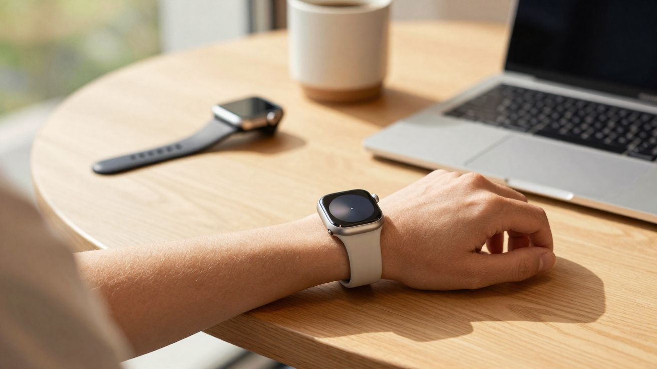 Braço com relógio smart em mesa de madeira com copo, outro relógio e notebook ao fundo.