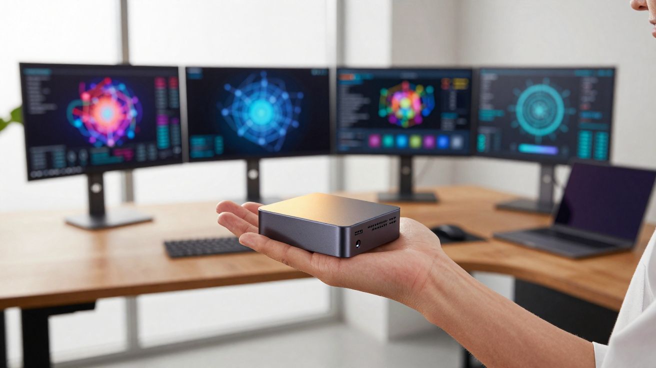 Pessoa segurando mini computador cinza com quatro monitores exibindo gráficos em mesa de trabalho.
