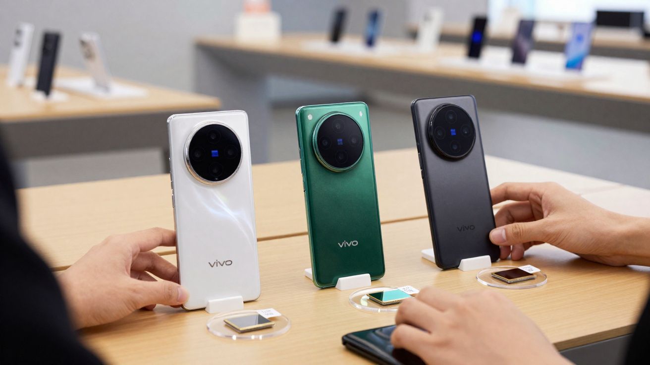 Três smartphones Vivo em suporte, nas cores branco, verde e preto, sobre mesa em ambiente de loja.