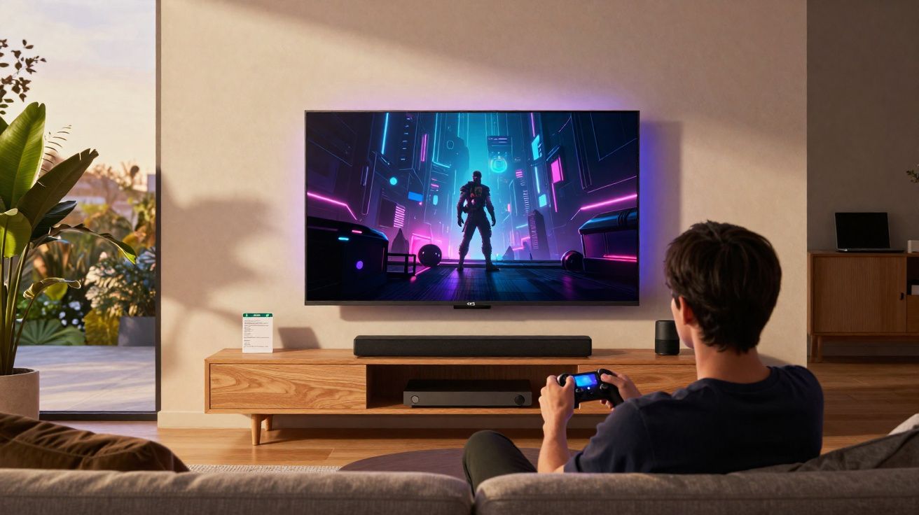Homem sentado no sofá jogando videogame com TV e cortina de luzes neon em sala moderna.