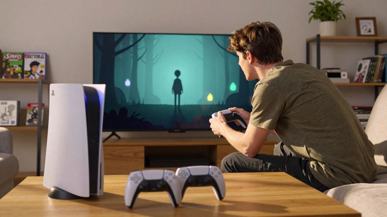 Jovem jogando videogame com controle em mãos, TV com jogo de aventura, e dois controles e console na mesa.